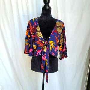 NWT MISS SELFIE Flowy Navy Floral Cropped Shrug Blouse Flared Sleeve Paradise XL